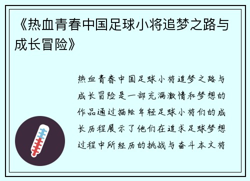 《热血青春中国足球小将追梦之路与成长冒险》